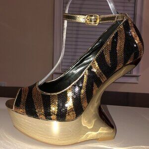 *NEW*  SEXY ELEGANT STUNNING BLACK & GOLD ZEBRA SEQUINED GRAVITY PLATFORM SHOES